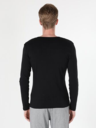 Slim Fit Placket Neck Erkek Siyah Tshirt U.Kol
