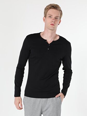 Slim Fit Placket Neck Erkek Siyah Tshirt U.Kol