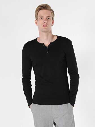 Slim Fit Placket Neck Erkek Siyah Tshirt U.Kol