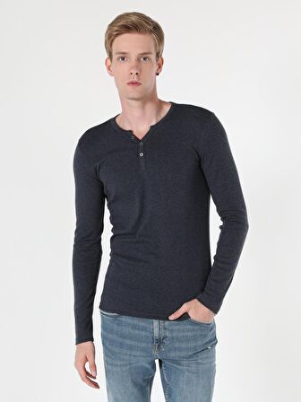 Slim Fit Placket Neck Erkek Mavi Tshirt U.Kol