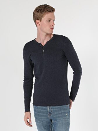 Slim Fit Placket Neck Erkek Mavi Tshirt U.Kol