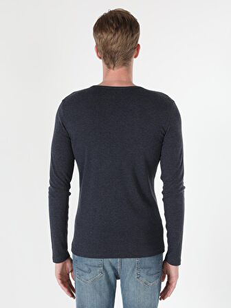 Slim Fit Placket Neck Erkek Mavi Tshirt U.Kol