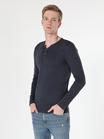 Slim Fit Placket Neck Erkek Mavi Tshirt U.Kol