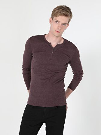 Slim Fit Placket Neck Erkek Mor Tshirt U.Kol