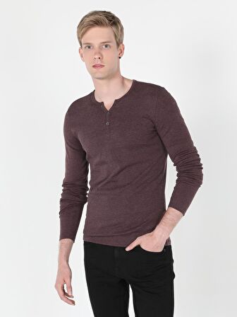 Slim Fit Placket Neck Erkek Mor Tshirt U.Kol