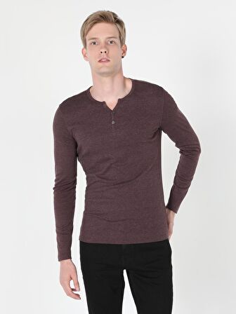 Slim Fit Placket Neck Erkek Mor Tshirt U.Kol