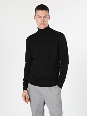 Slim Fit Balıkçı Yaka Siyah Erkek Kazak