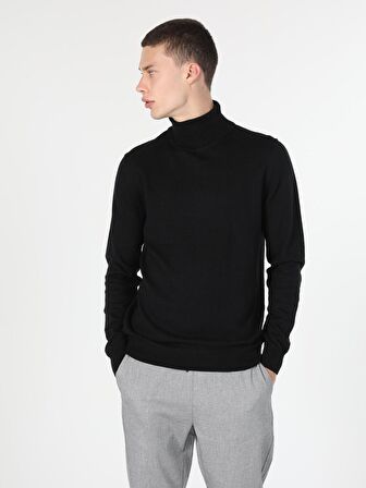 Slim Fit Balıkçı Yaka Siyah Erkek Kazak