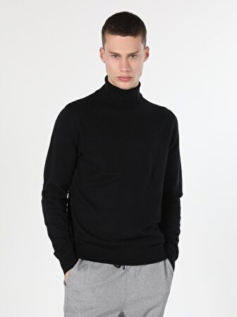 Slim Fit Balikci Erkek Siyah Kazak