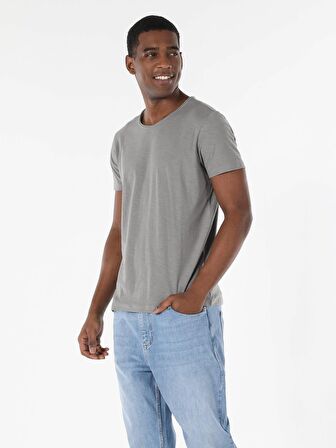 Regular Fit Bisiklet Yaka Örme Erkek Açık Haki Kısa Kol Tişört