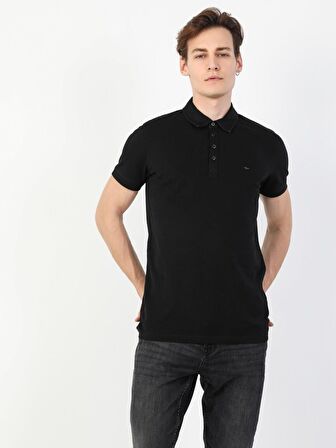 Slim Fit Polo Yaka Erkek Siyah Polo Kısa Kol