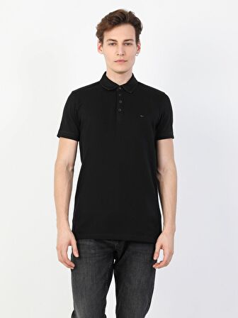 Slim Fit Polo Yaka Erkek Siyah Polo Kısa Kol