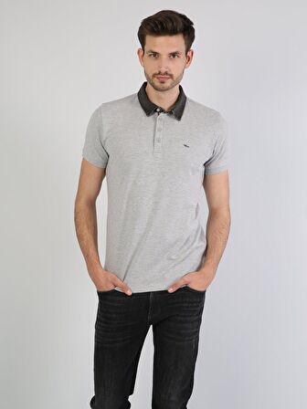 Slim Fit Polo Yaka Erkek Gri Polo Kısa Kol