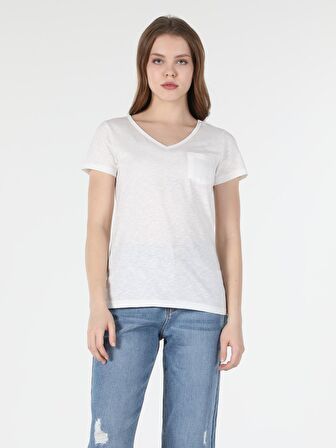 Regular Fit V Yaka Örme Kadın Beyaz Kısa Kol Tişört