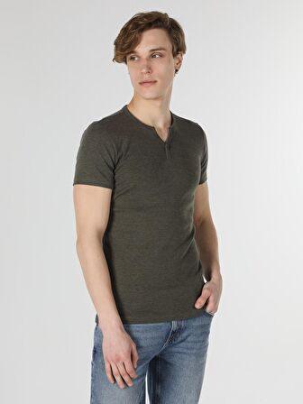 Slim Fit Placket Neck Örme Erkek Haki Kısa Kol Tişört