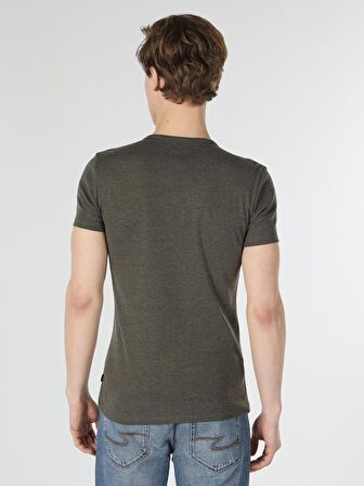 Slim Fit Placket Neck Örme Erkek Haki Kısa Kol Tişört