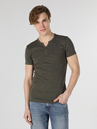Slim Fit Placket Neck Örme Erkek Haki Kısa Kol Tişört