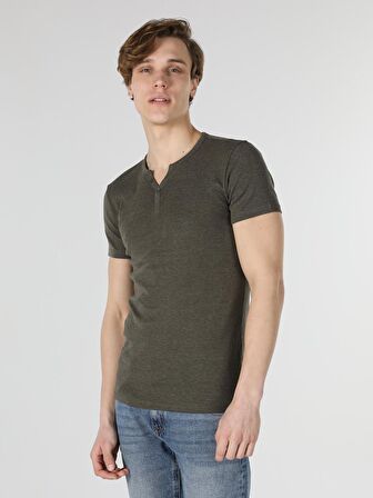 Slim Fit Placket Neck Örme Erkek Haki Kısa Kol Tişört