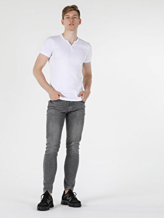 Slim Fit Placket Neck Örme Erkek Beyaz Kısa Kol Tişört