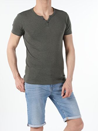 Slim Fit Placket Neck Basic Haki Erkek Kısa Kol Tişört