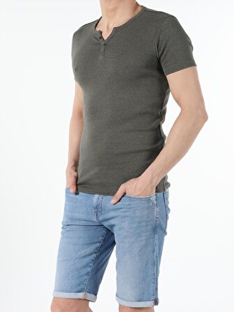 Slim Fit Placket Neck Basic Haki Erkek Kısa Kol Tişört