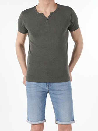 Slim Fit Placket Neck Basic Haki Erkek Kısa Kol Tişört
