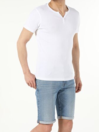 Slim Fit Placket Neck Basic Beyaz Erkek Kısa Kol Tişört