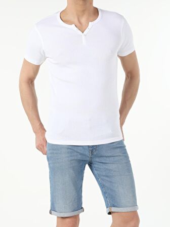 Slim Fit Placket Neck Basic Beyaz Erkek Kısa Kol Tişört