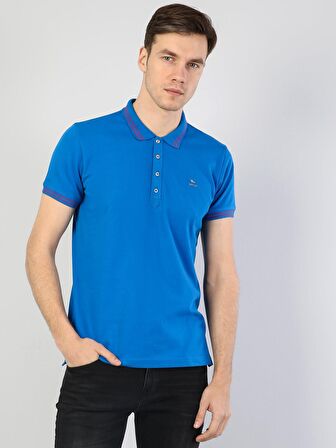 Slim Fit Polo Yaka Erkek Mavi Polo Kısa Kol