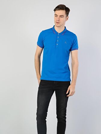 Slim Fit Polo Yaka Erkek Mavi Polo Kısa Kol