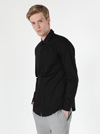  Super Slim Fit Shirt Neck Erkek Siyah Uzun Kol Gömlek