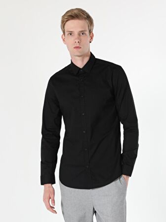  Super Slim Fit Shirt Neck Erkek Siyah Uzun Kol Gömlek