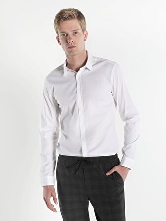  Super Slim Fit Shirt Neck Erkek Beyaz Uzun Kol Gömlek