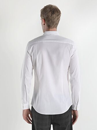  Super Slim Fit Shirt Neck Erkek Beyaz Uzun Kol Gömlek