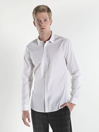  Super Slim Fit Shirt Neck Erkek Beyaz Uzun Kol Gömlek