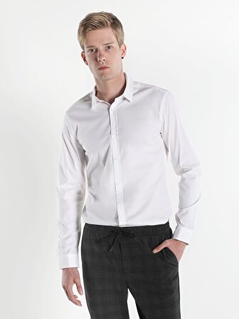  Super Slim Fit Shirt Neck Erkek Beyaz Uzun Kol Gömlek