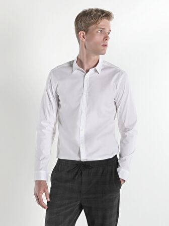  Super Slim Fit Shirt Neck Erkek Beyaz Uzun Kol Gömlek