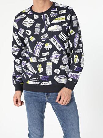 Regular Fit Baskılı Mavi Erkek Sweatshirt