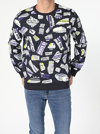 Regular Fit Baskılı Mavi Erkek Sweatshirt