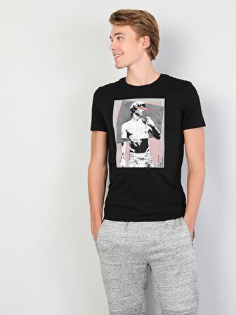 Slim Fit Bisiklet Yaka Örme Erkek Siyah Kısa Kol Tişört