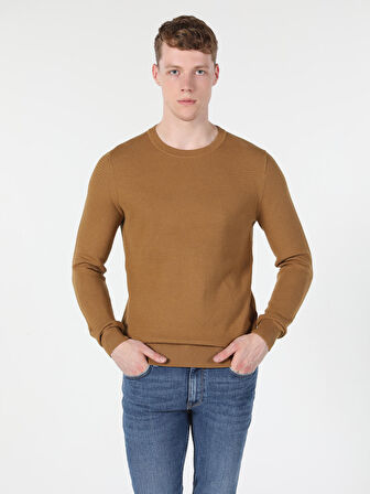 Regular Fit Bisiklet Yaka Kahverengi Erkek Kazak