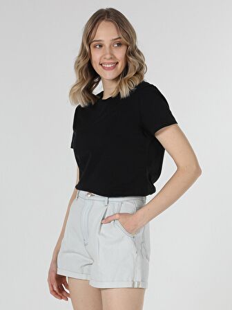 Regular Fit Bisiklet Yaka Örme Kadın Siyah Kısa Kol Tişört