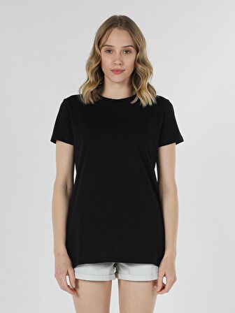 Regular Fit Bisiklet Yaka Örme Kadın Siyah Kısa Kol Tişört