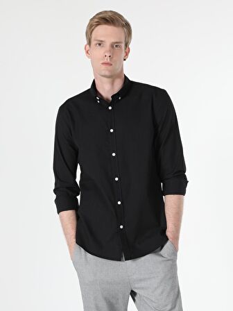  Slim Fit Shirt Neck Erkek Siyah Uzun Kol Gömlek