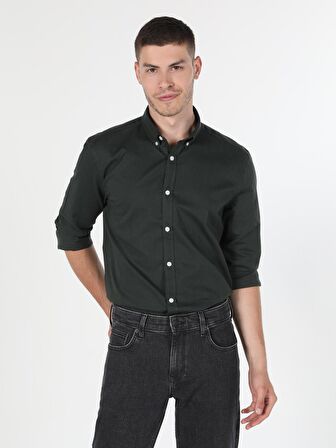  Slim Fit Shirt Neck Erkek Haki Uzun Kol Gömlek