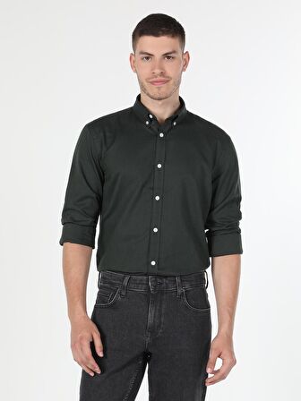  Slim Fit Shirt Neck Erkek Haki Uzun Kol Gömlek