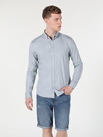  Slim Fit Shirt Neck Erkek Yeşil Uzun Kol Gömlek