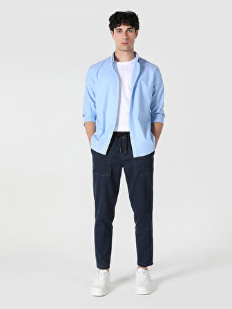 Slim Fit Shirt Neck Mavi Erkek Uzun Kol Gömlek