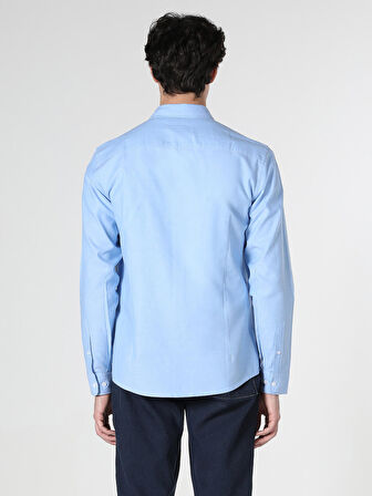 Slim Fit Shirt Neck Mavi Erkek Uzun Kol Gömlek