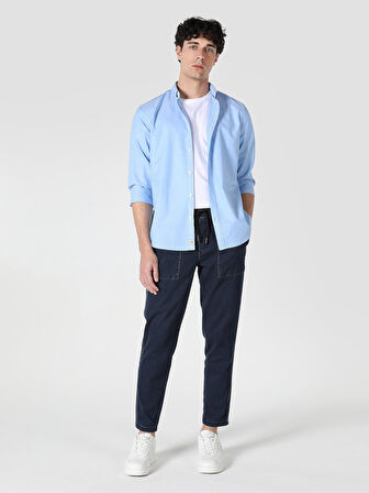 Slim Fit Shirt Neck Mavi Erkek Uzun Kol Gömlek